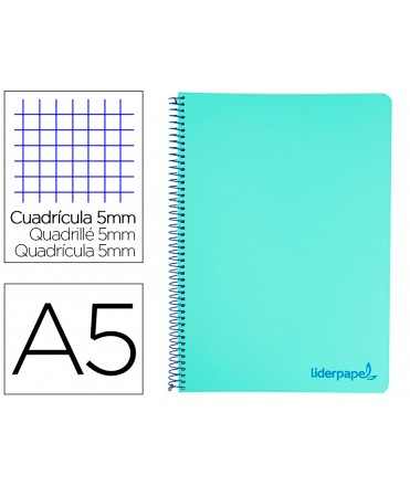 Cuaderno espiral liderpapel a5 micro wonder tapa plastico 120h 90g cuadro 5mm 5 bandas 6 taladros color verde