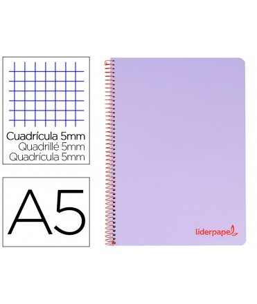 Cuaderno espiral liderpapel a5 micro wonder tapa plastico 120h 90g cuadro 5mm 5 bandas 6 taladros color violeta