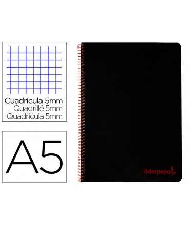 Cuaderno espiral liderpapel a5 micro wonder tapa plastico 120h 90g cuadro 5mm 5 bandas 6 taladros color negro