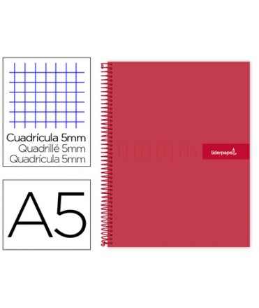 Cuaderno espiral liderpapel a5 micro crafty tapa forrada 120h 90 gr cuadro 5mm 5 bandas6 taladros color rojo