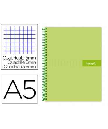 Cuaderno espiral liderpapel a5 micro crafty tapa forrada 120h 90 gr cuadro 5mm 5 bandas6 taladros color verde