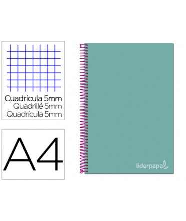 Cuaderno espiral liderpapel a4 micro jolly tapa forrada 140h 75 gr cuadro 5mm 5 bandas4 taladros color turquesa