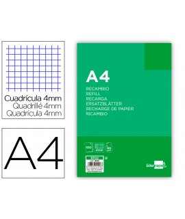 Recambio liderpapel a4 100 hojas 60g/m2 cuadro 4mm con margen sin taladros