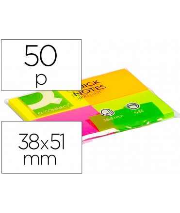 Bloc de notas adhesivas quita y pon q-connect 38x51 mm con 50 hojas fluorescentes pack de 4 unidades