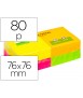 Bloc de notas adhesivas quita y pon q-connect 76x76 mm con 80 hojas fluorescentes pack de 12 surtidas en 4 colores