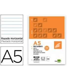 Recambio liderpapel a5 100 h 100g/m2 horizontal doble margen 6 taladros