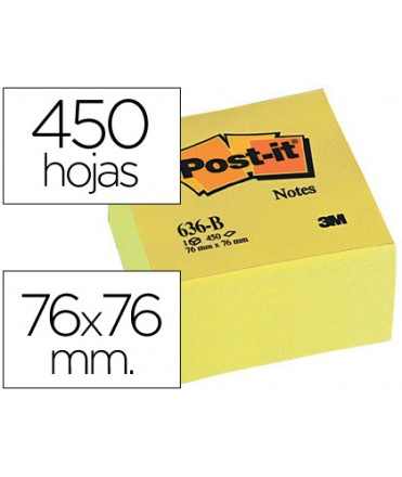 Bloc de notas adhesivas quita y pon post-it 76x76x45 mm cubo color amarillo 450 hojas