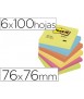 Bloc de notas adhesivas quita y pon post-it 76x76 mm neon pack de 6 blocs surtido