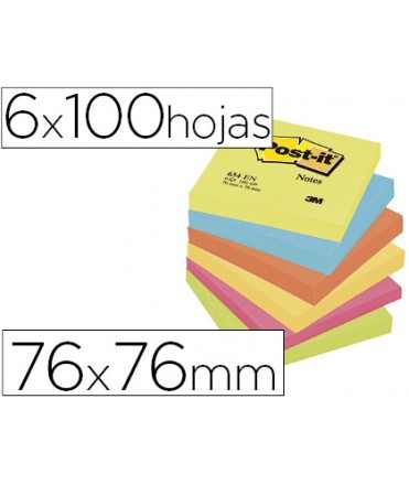 Bloc de notas adhesivas quita y pon post-it 76x76 mm neon pack de 6 blocs surtido