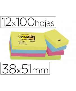 Bloc de notas adhesivas quita y pon post-it 38x51 mm neon pack de 12 blocs surtido