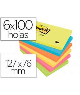 Bloc de notas adhesivas quita y pon post-it 76x127 mm neon pack de 6 blocs surtido