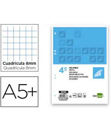 Recambio liderpapel cuarto 100 hojas 60g/m2 cuadro 8mm con margen 6 taladros