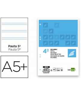 Recambio liderpapel cuarto 100 hojas 60g/m2 pauta 5ª 2.5mm con margen 6 taladros