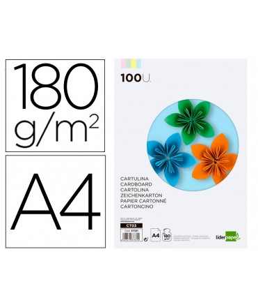 Cartulina liderpapel a4 180g/m2 4 colores surtidos paquete de 100 hojas