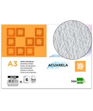 Papel dibujo liderpapel 297x420mm 300g/m2 acuarela pack de 6 hojas