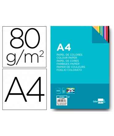 Papel color liderpapel a4 80gr 25 colores surtidos paquete de 100 hojas