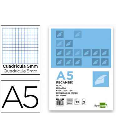 Recambio liderpapel a5 120 hojas 75g/m2 cuadro 5mm sin margen 6 taladros bandas de 5 colores